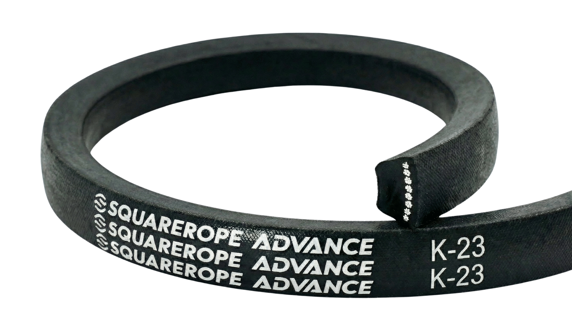 Black K-23 light-duty V-belt loop with repeated SQUAREROPE ADVANCE branding.