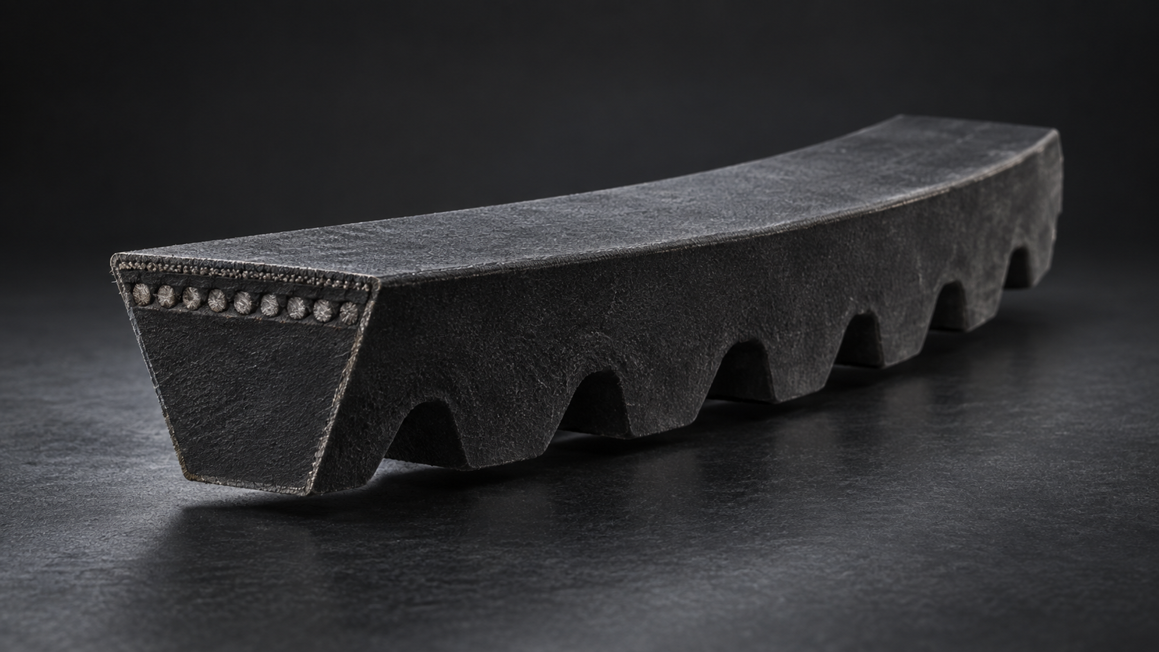 AI concept illustration of a cut section of a raw-edge notched V-belt, showing a trapezoidal end, angled sidewalls, a smooth back and transverse molded notches on the underside.