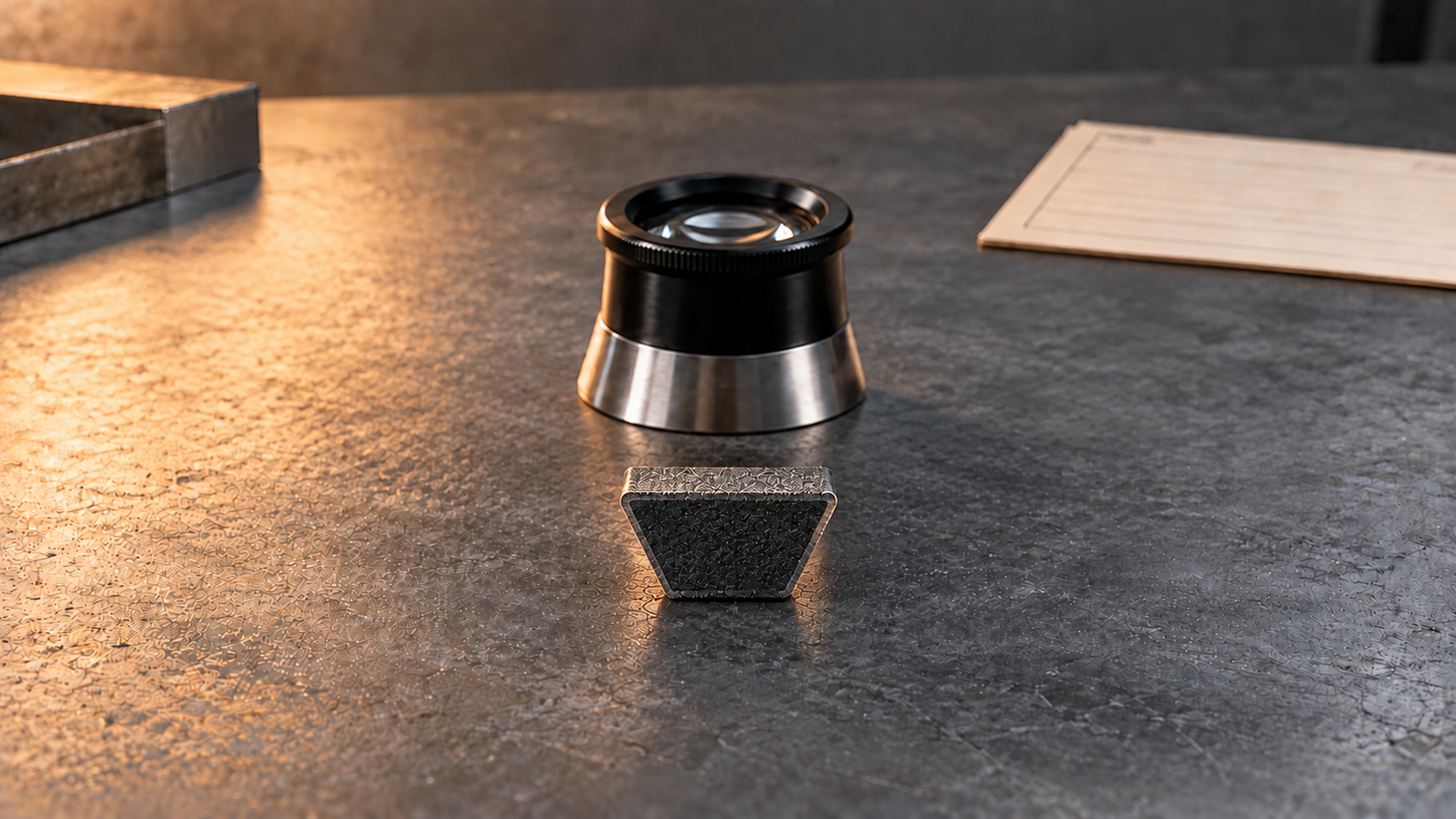 AI concept illustration of a separate V-belt section demonstrator beside an inspection loupe; it is not a real failed-belt specimen.