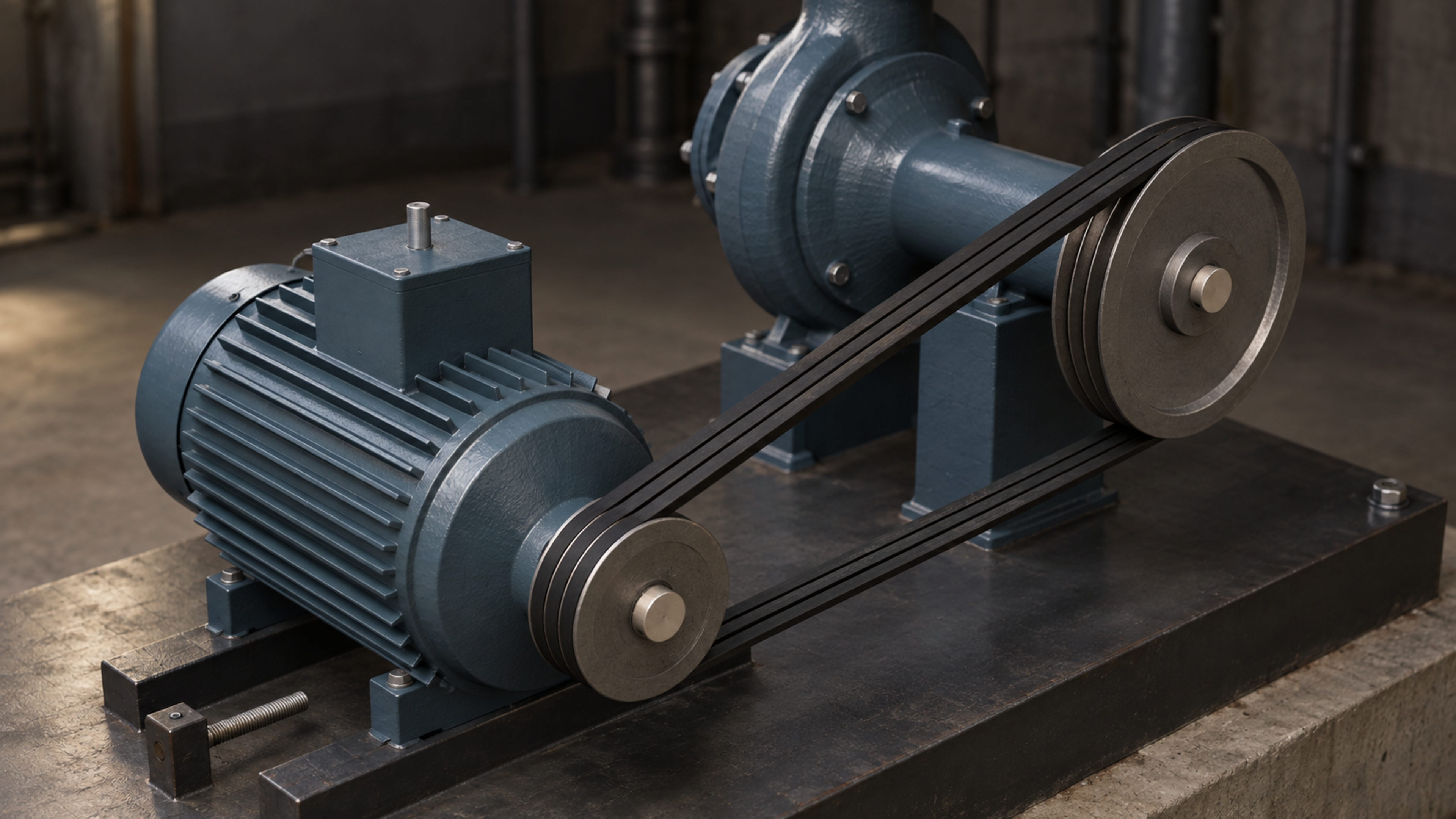 AI-generated image of an electric motor driving a centrifugal pump through three V-belts that run in the grooves of two sheaves, on a steel baseplate.