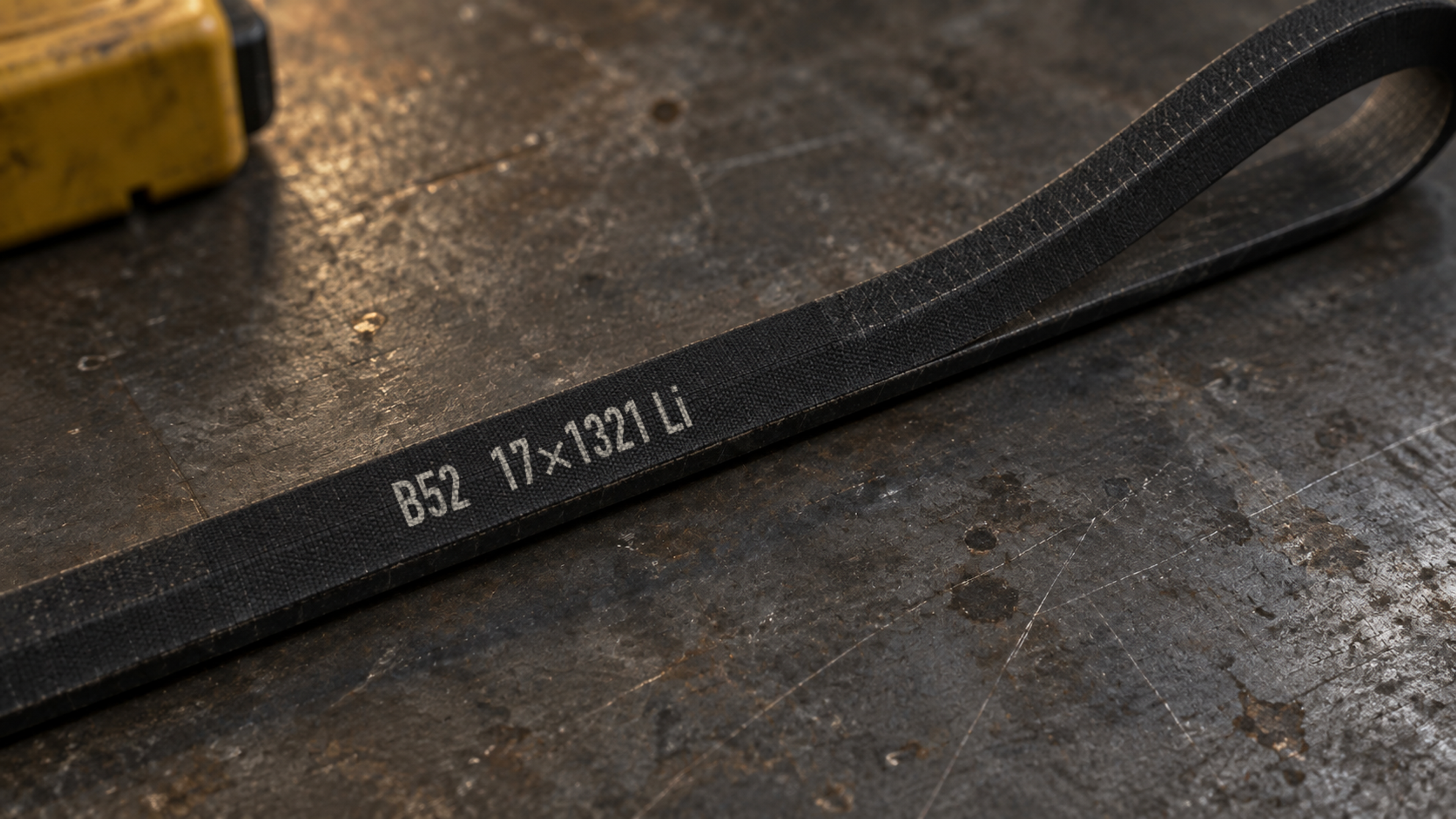 AI-generated illustration of a wrapped classical V-belt on a steel workbench, its back printed with the example marking B52 17×1321 Li; a tape measure lies out of focus in the background.