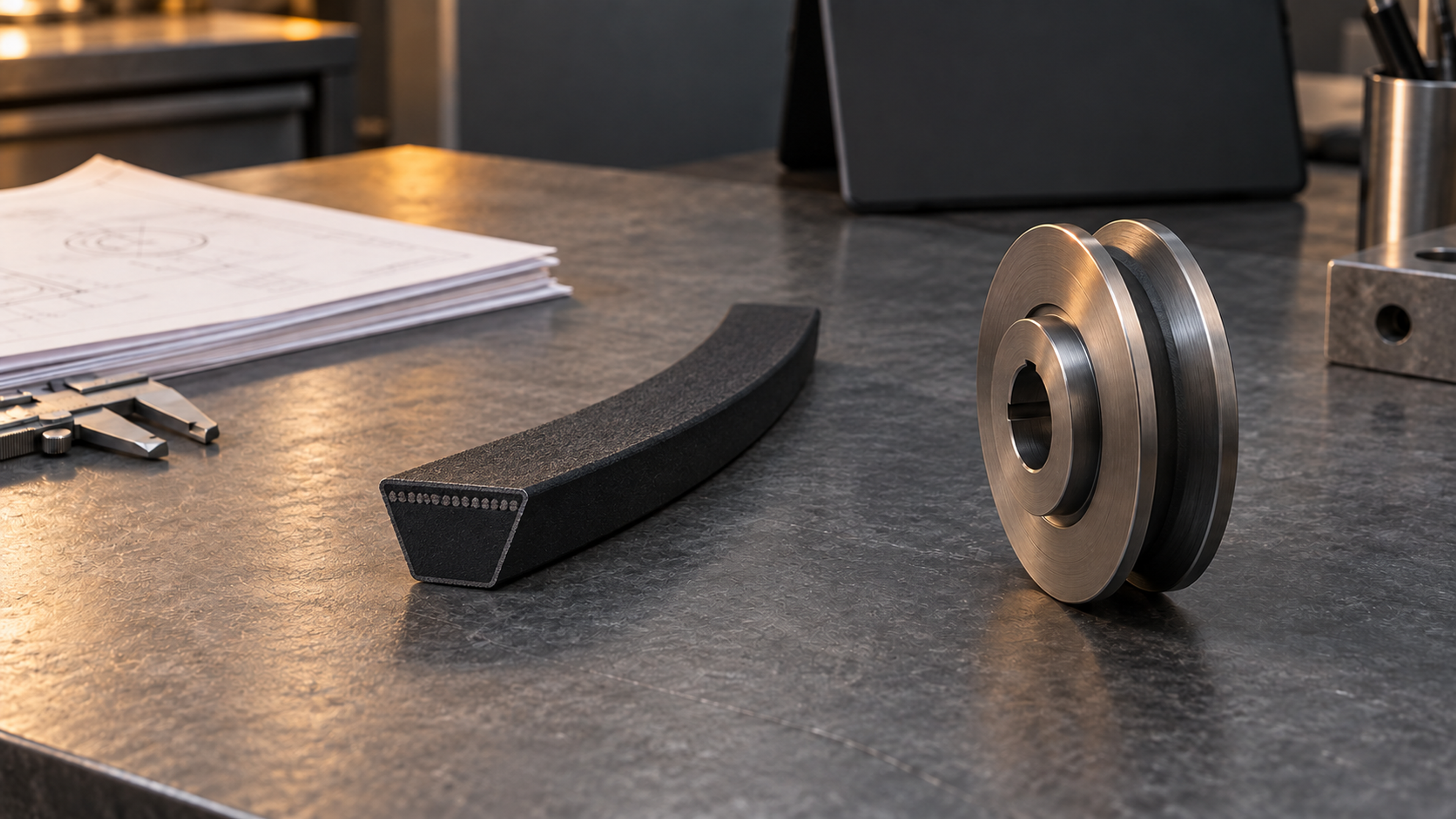 AI editorial illustration of a V-belt demonstration section beside a detached V-groove pulley and selection-planning documents.