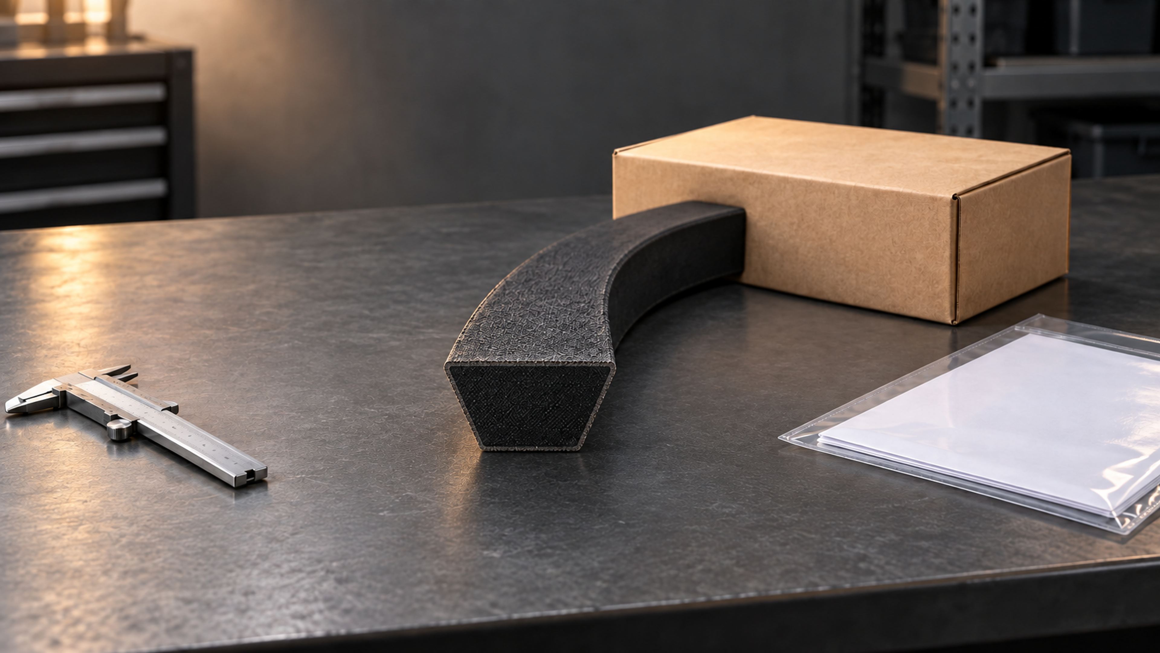 AI concept illustration of a V-belt section demonstrator beside a plain carton and document sleeve; it is not evidence of supplier traceability or receiving approval.