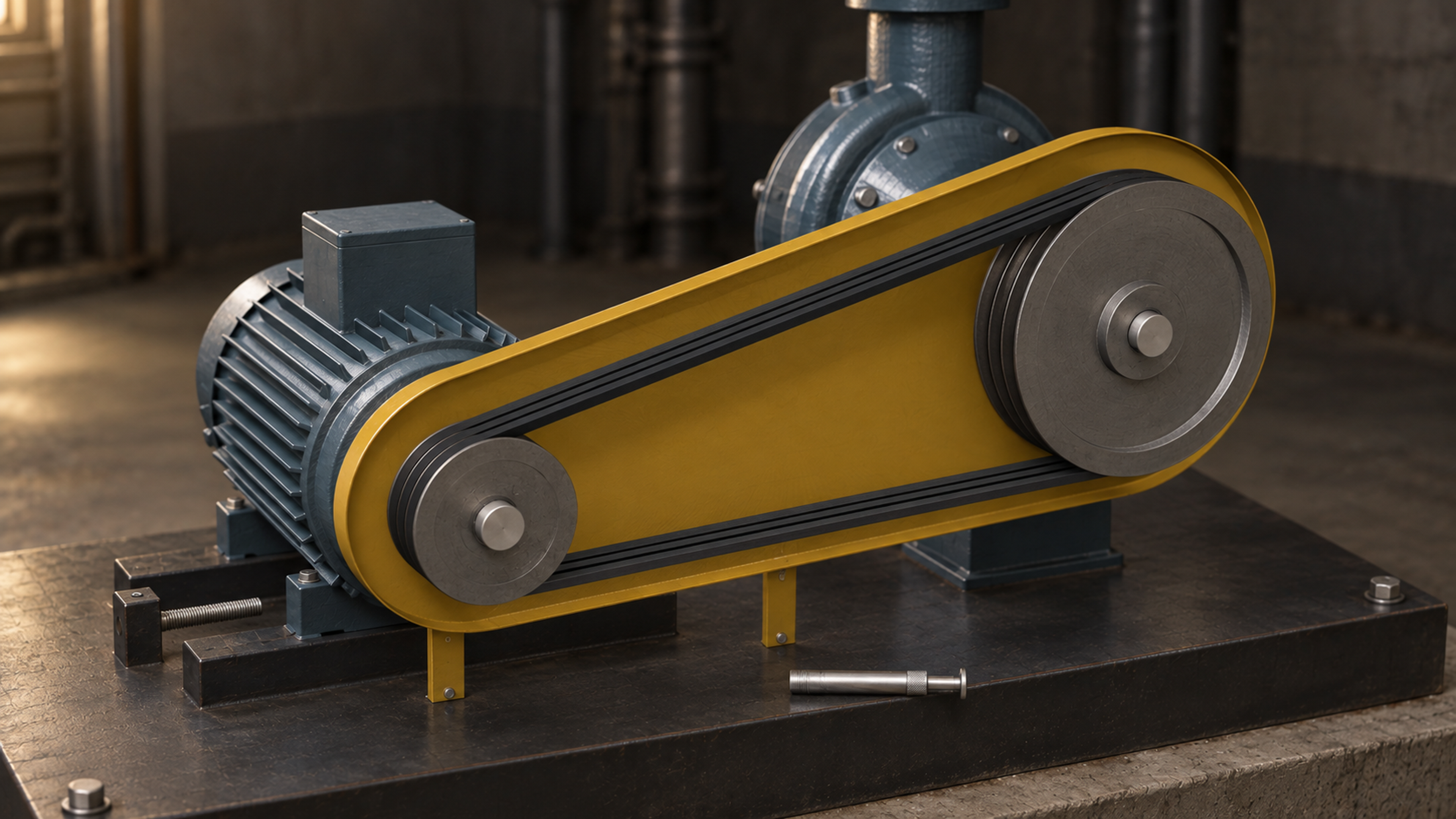 AI-generated image of a motor-to-pump drive with three V-belts; the front cover of the yellow belt guard has been removed, exposing the sheaves, and a belt tension gauge rests on the baseplate.