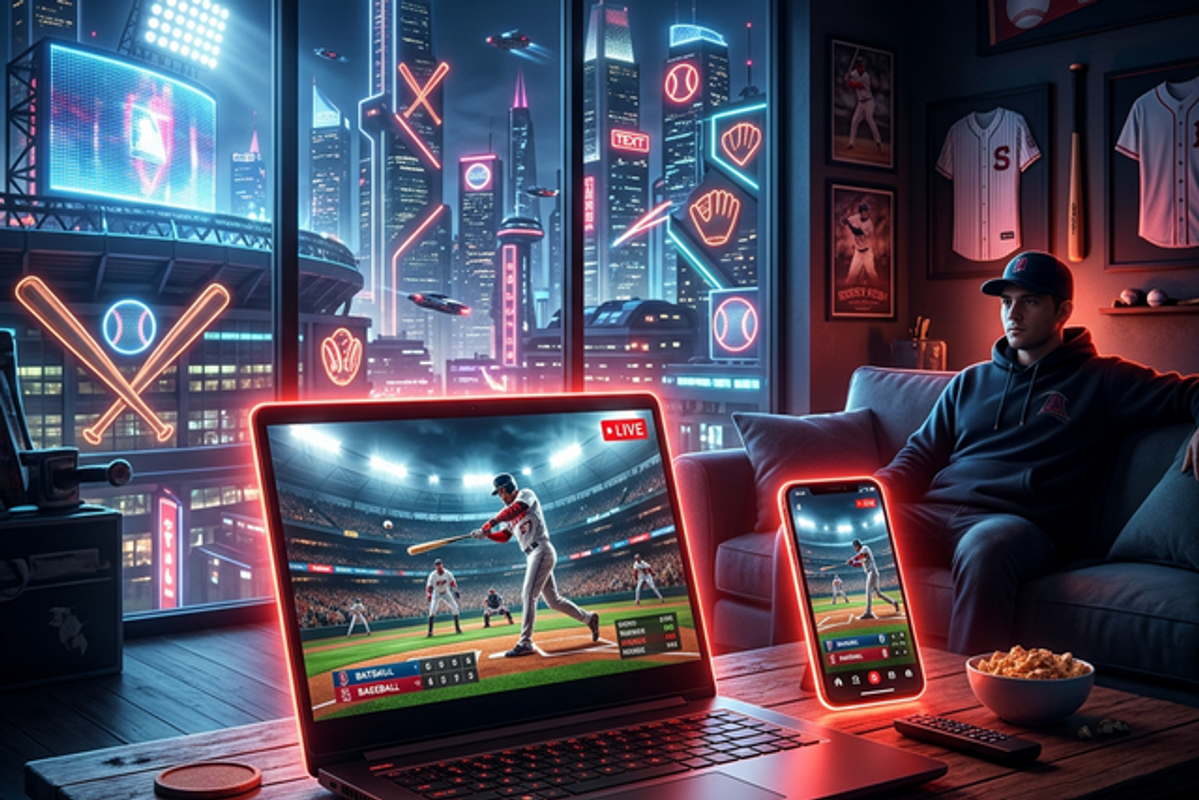 暗いリビングで、Netflixのドラマチックな画面を通じてWBC 2026を視聴する近未来的な光景。デジタル配信時代の新しい野球観戦スタイルを表現。