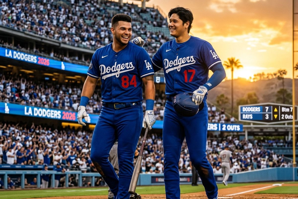 ドジャースタジアムで談笑するアンディ・パヘスと大谷翔平のイメージ