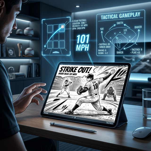 電子タブレットで戦術的な野球マンガを読み込むファン。周囲には配球チャートや球速データなどの最先端の戦術グラフィックが浮かんでいる