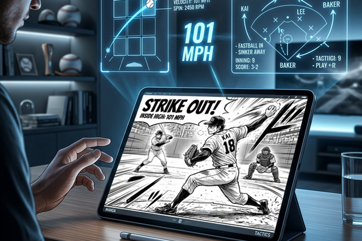 電子タブレットで戦術的な野球マンガを読み込むファン。周囲には配球チャートや球速データなどの最先端の戦術グラフィックが浮かんでいる