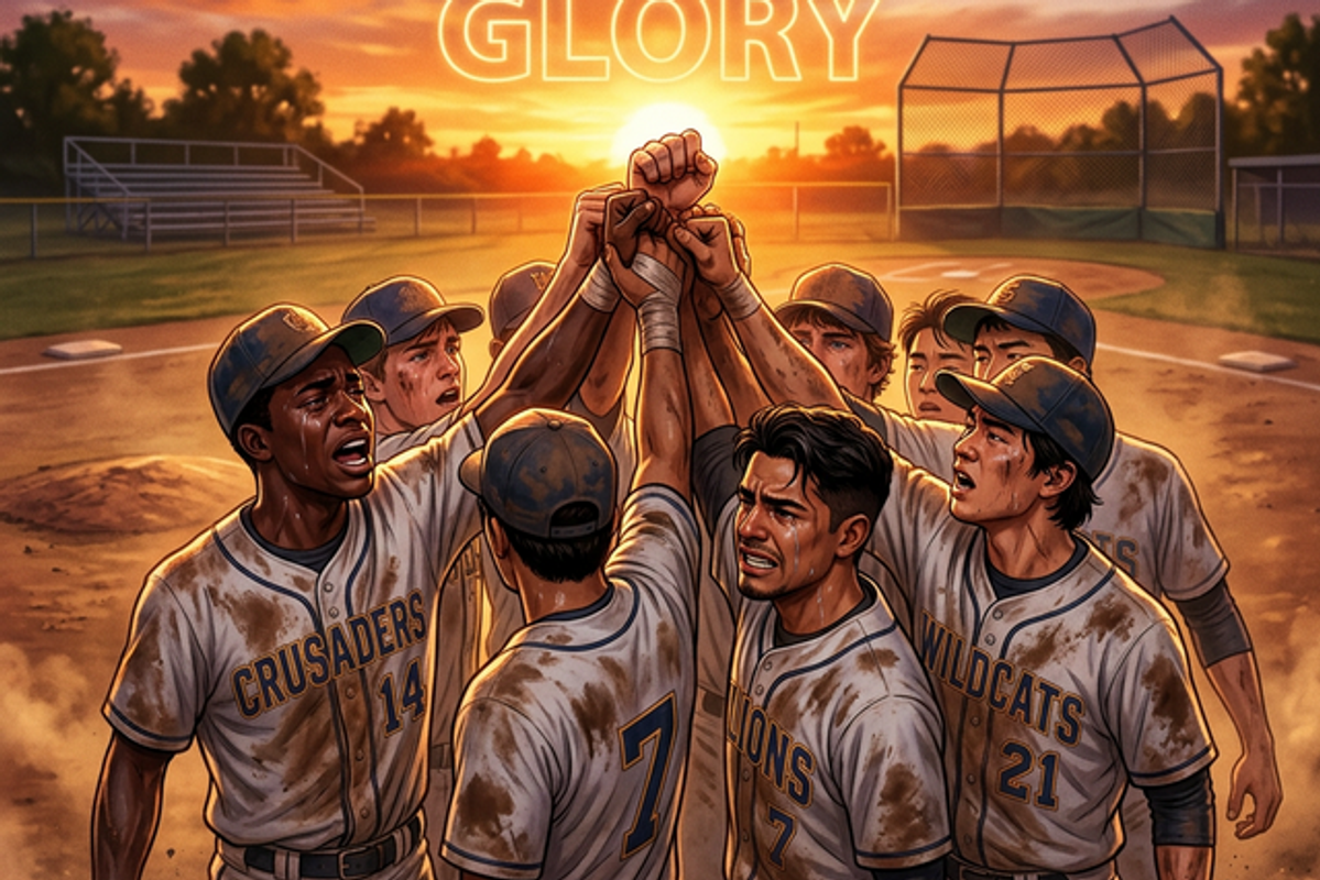 泥だらけで円陣を組む高校球児たち