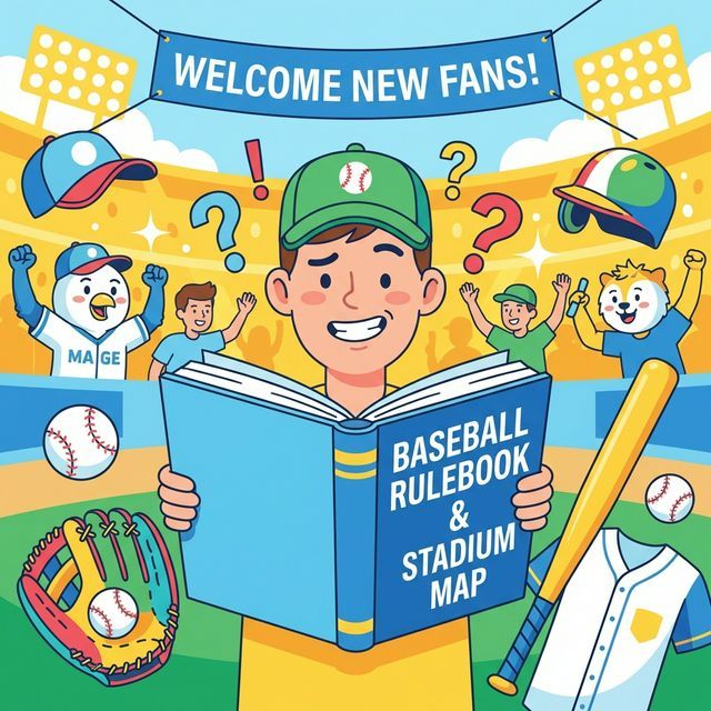 野球のルール本やスタジアムマップを見ながらワクワクしている初心者ファンのイラスト