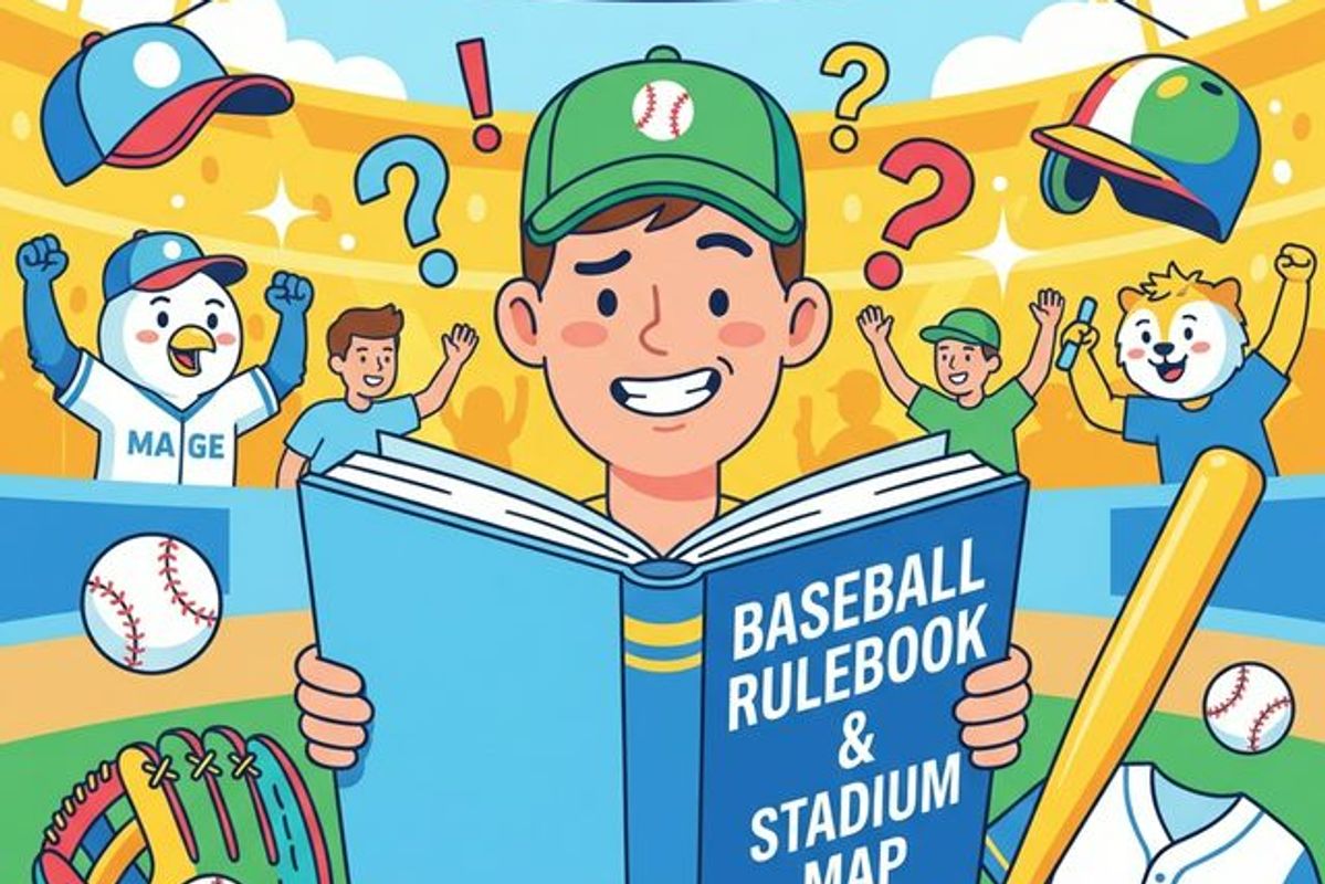 野球のルール本やスタジアムマップを見ながらワクワクしている初心者ファンのイラスト
