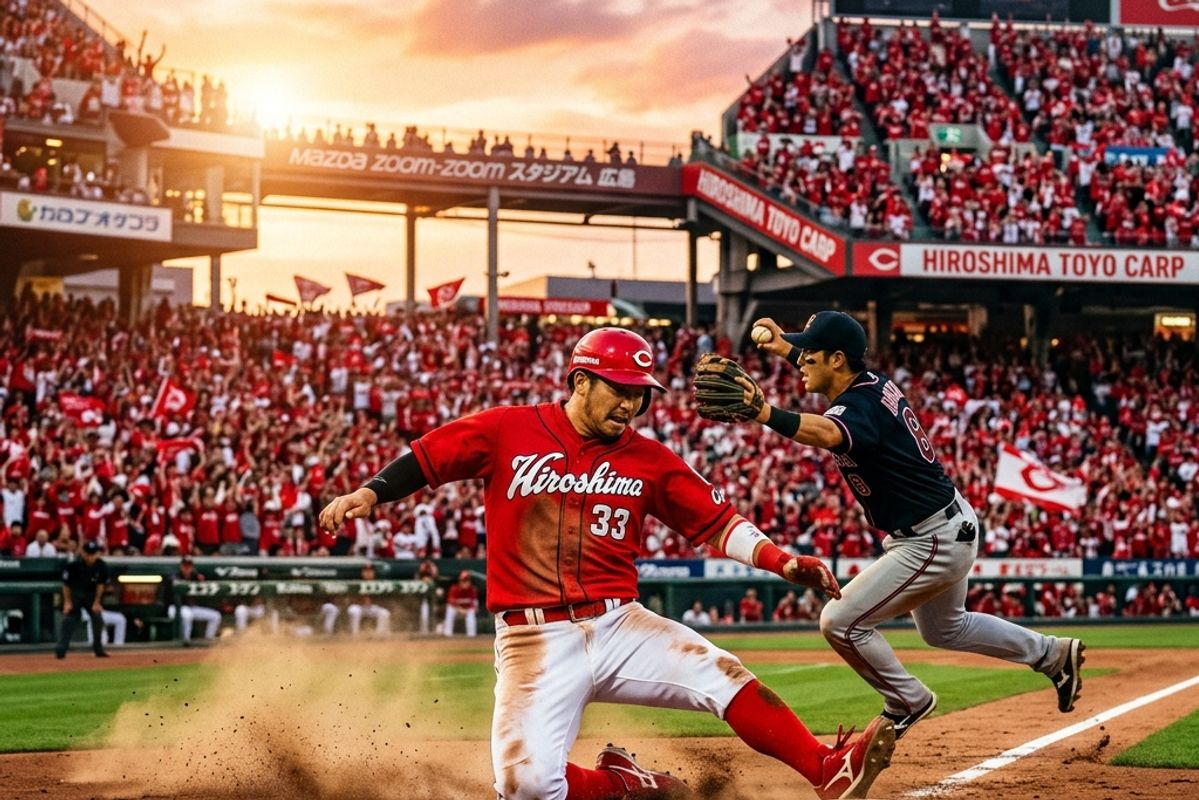 マツダスタジアムで激しいスライディングを見せる広島東洋カープの選手