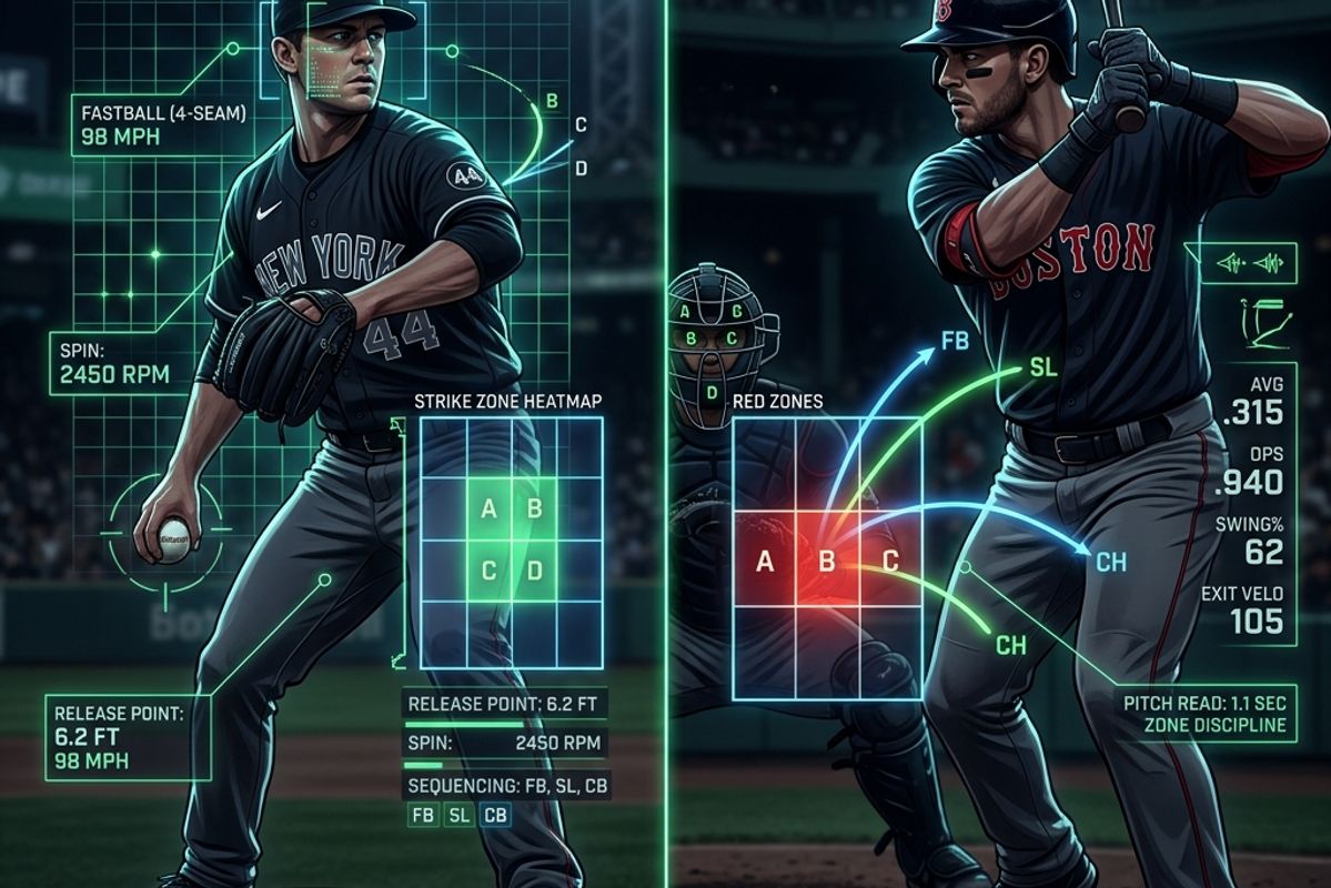ネオングリーンのグリッドと高度な分析チャートで二画面に分割されたイラストで、左側にはマウンドで球種やリリーフ位置のデータを重ねた投手が、右側には打席でホットゾーンや打撃予測スタッツを重ねて集中する打者が描かれているプレミアムな戦術的インフォグラフィック