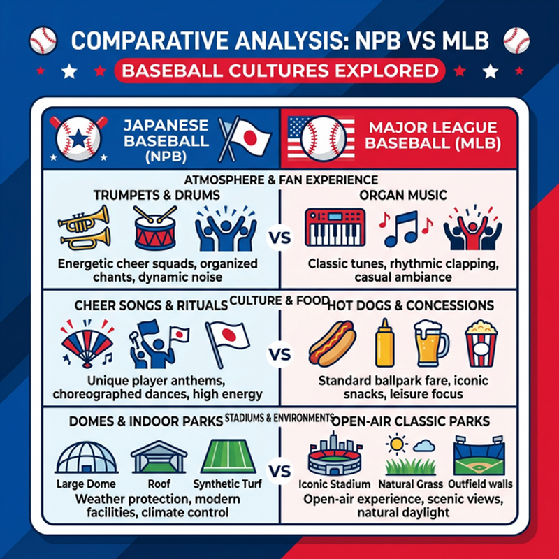 日本の野球（左）とアメリカの野球（右）の応援スタイル、食事、球場の違いを比較したインフォグラフィック図解