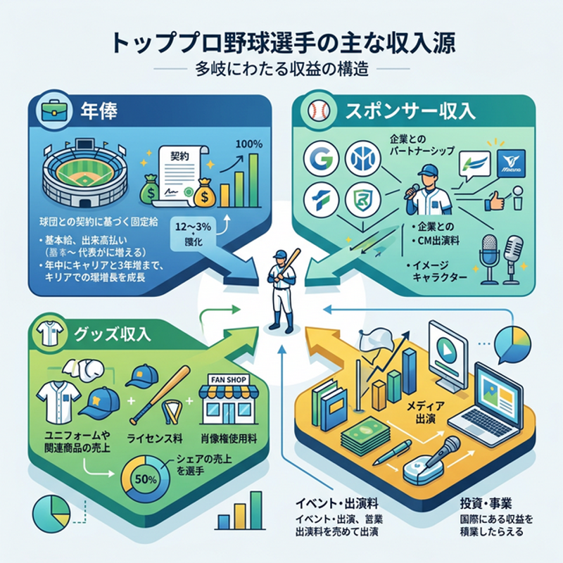 プロ野球選手の主な収入源に関する図解（年俸、スポンサー収入、グッズ収入など）