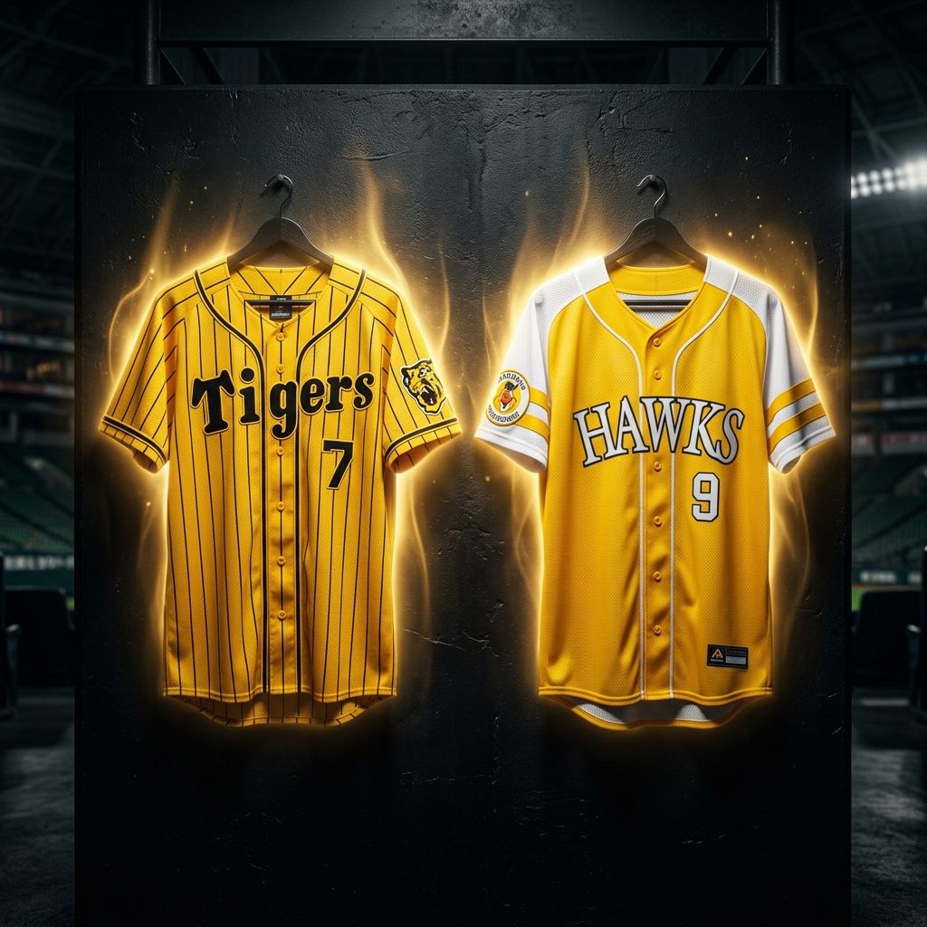 黄金の光をまとう阪神タイガースとソフトバンクホークスのユニフォーム