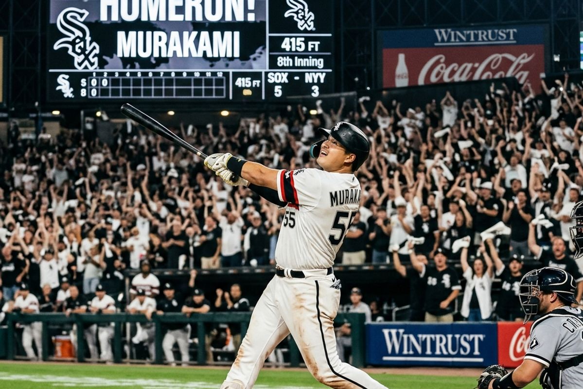 ギランティード・レート・フィールドで特大のホームランを放つ村上宗隆選手。バックスクリーンには『HOMERUN! MURAKAMI』の文字