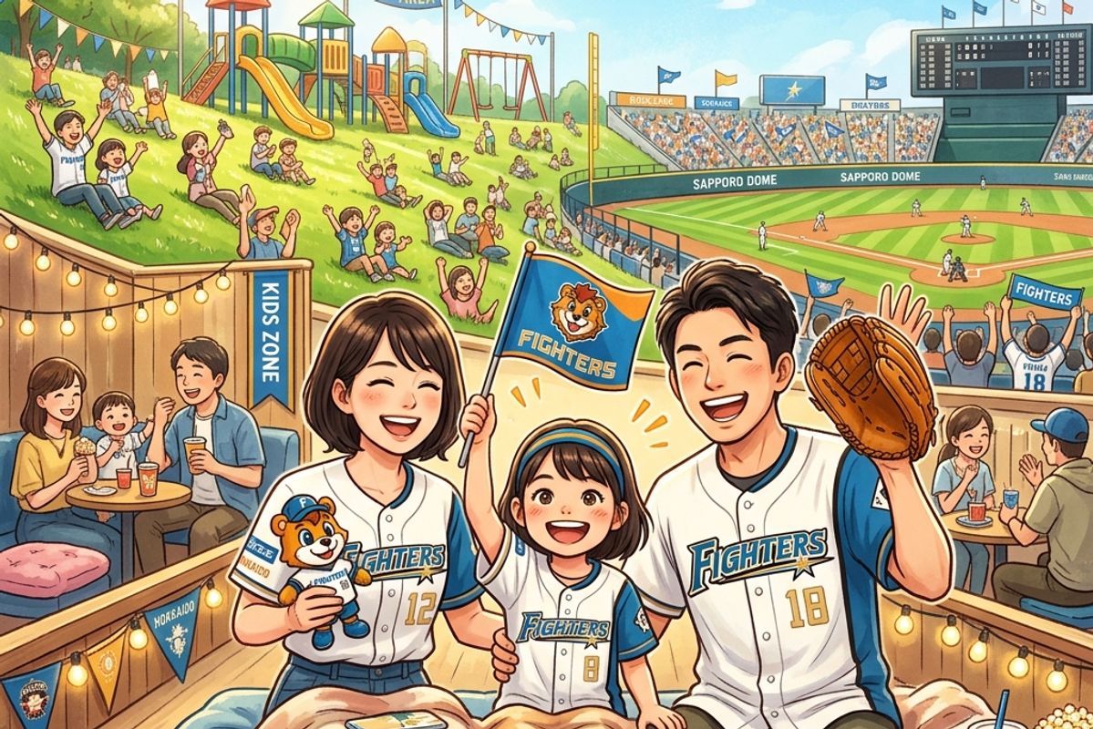 エスコンフィールドや楽天モバイルパーク宮城のような子連れに優しい球場で、野球チームの白いユニフォームを着て笑顔で応援する日本のファミリー(父親、母親、そして小さな旗を持った6歳の女の子)のイラスト。背景には芝生のスロープや子供向けのカラフルな滑り台、遊具が広がっている