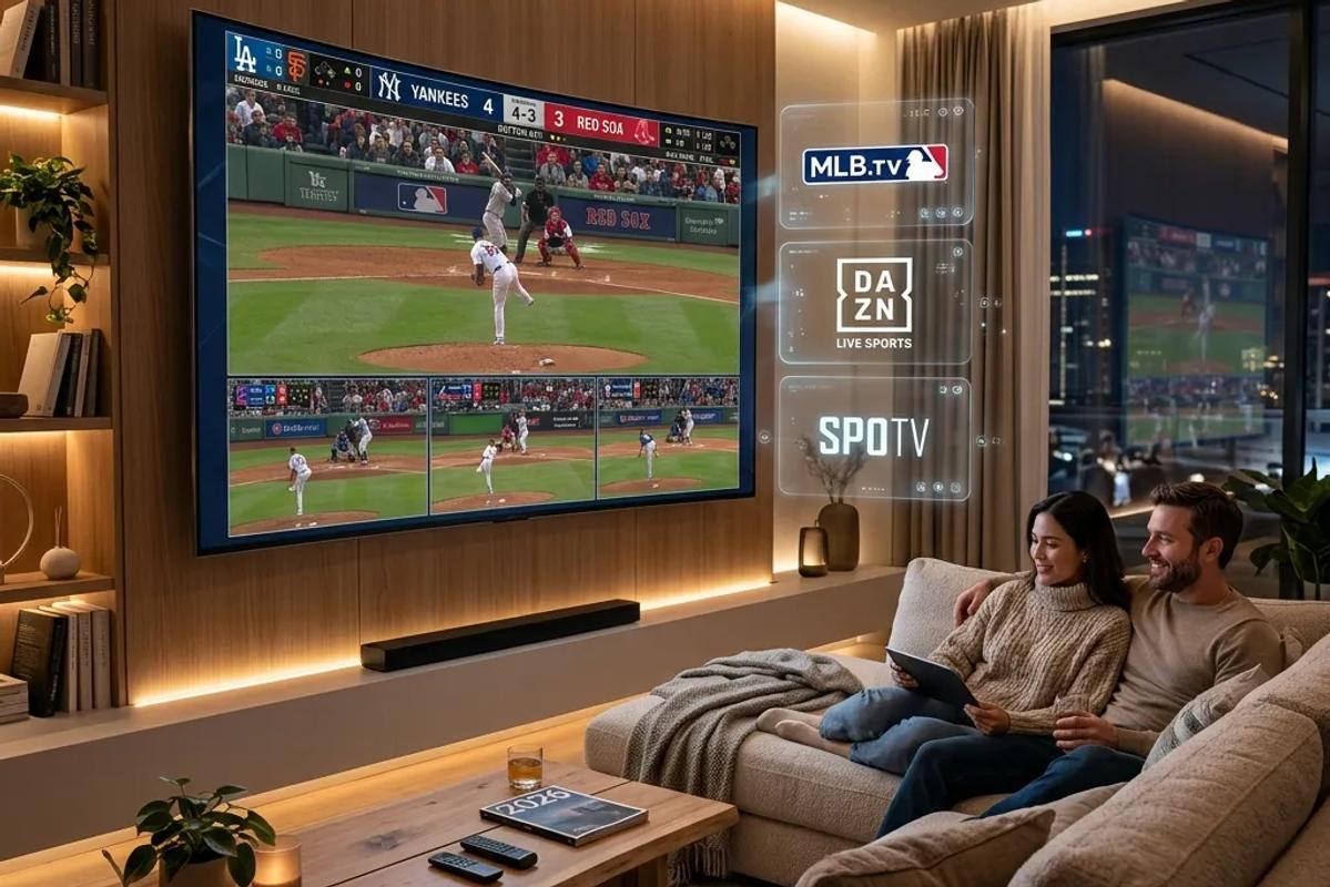 2026年のモダンなリビングルームで、8K超ワイドテレビを使用して複数の野球中継を同時に楽しむ様子。空中にはDAZNやSPOTVなどの配信サービスのロゴがホログラムのように浮かび、最先端のホーム観戦環境を演出している。