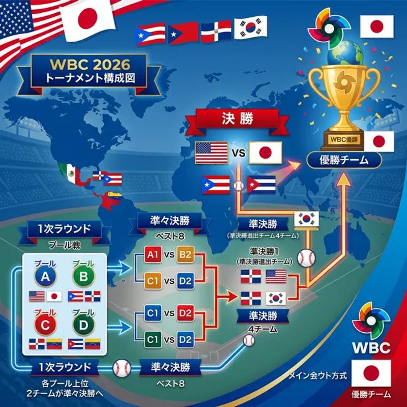 WBCのトーナメント構成（1次ラウンドから決勝まで）を解説した初心者向け図解