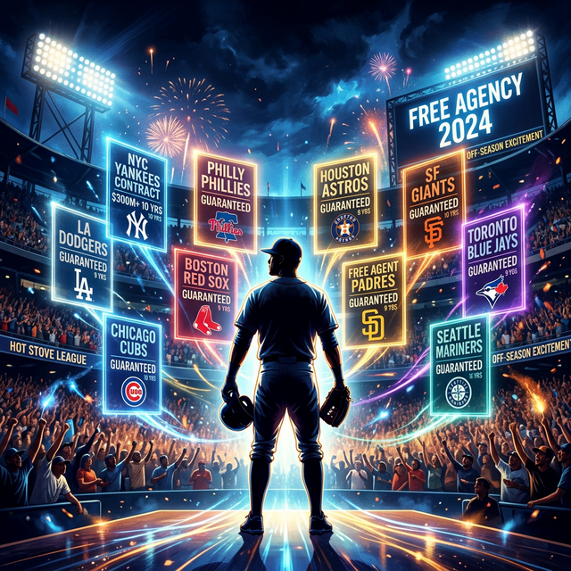 FA市場（ストーブリーグ）で複数の球団からのオファーを前に決断を迫られるスター選手のシルエット（デジタルアート）