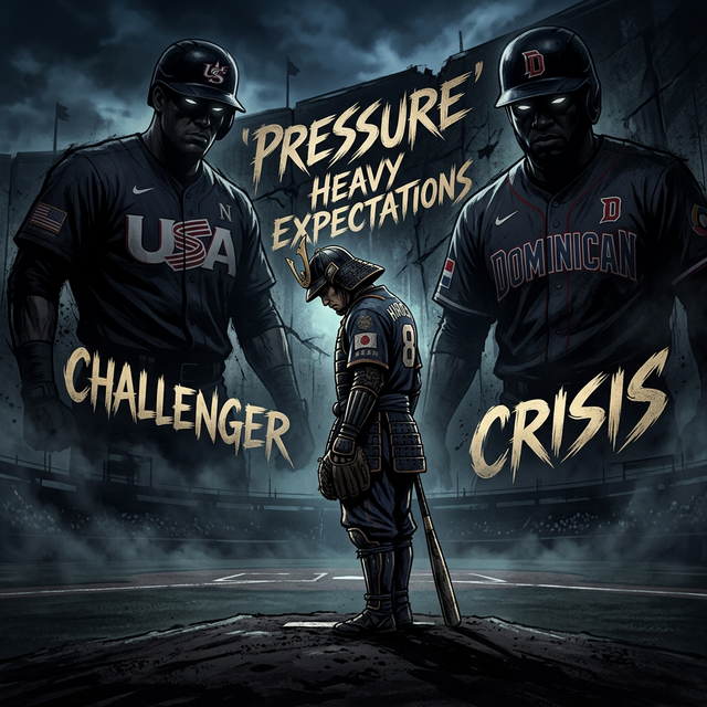 重圧で少し俯く侍ジャパン風の選手の背後に、アメリカやドミニカ共和国など国際チームの巨大で恐ろしいシルエットが立ちはだかる、緊迫感とプレッシャーを表すイラスト