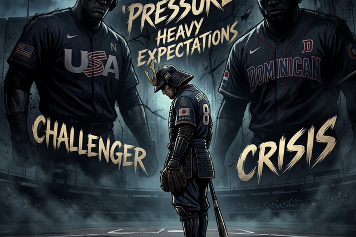 重圧で少し俯く侍ジャパン風の選手の背後に、アメリカやドミニカ共和国など国際チームの巨大で恐ろしいシルエットが立ちはだかる、緊迫感とプレッシャーを表すイラスト