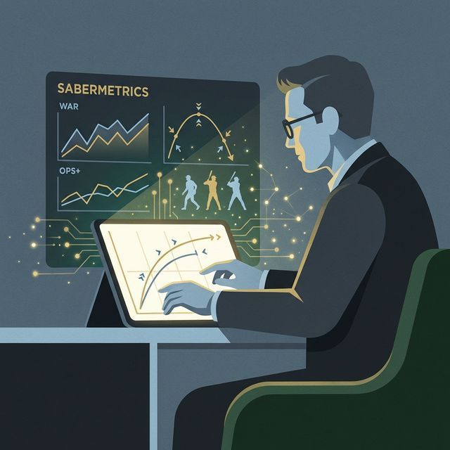 タブレットでセイバーメトリクスのチャートや打球軌道データを分析するプロフェッショナルな男性のイラスト