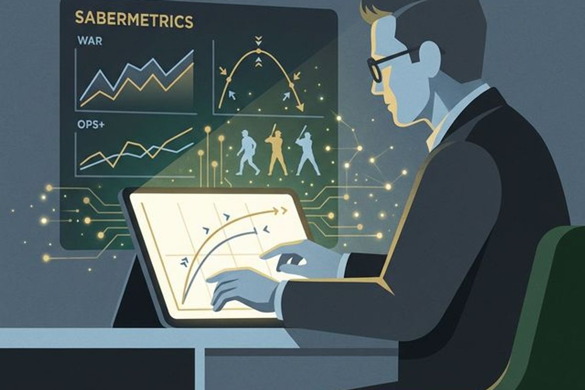 タブレットでセイバーメトリクスのチャートや打球軌道データを分析するプロフェッショナルな男性のイラスト