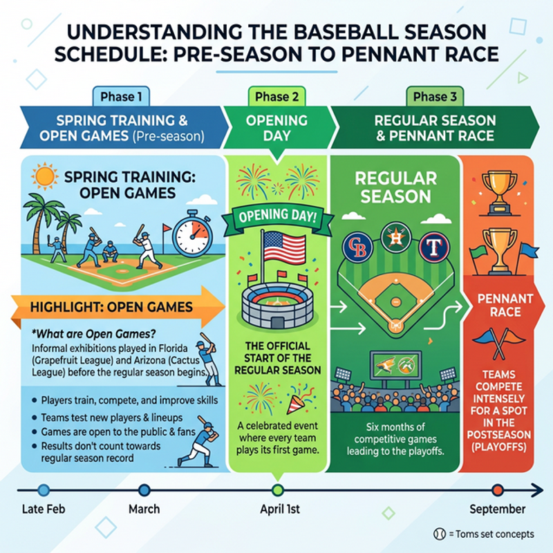 春季キャンプからオープン戦、公式戦開幕からペナントレースまでのプロ野球1年間のスケジュールを初心者に分かりやすく示したフロー図