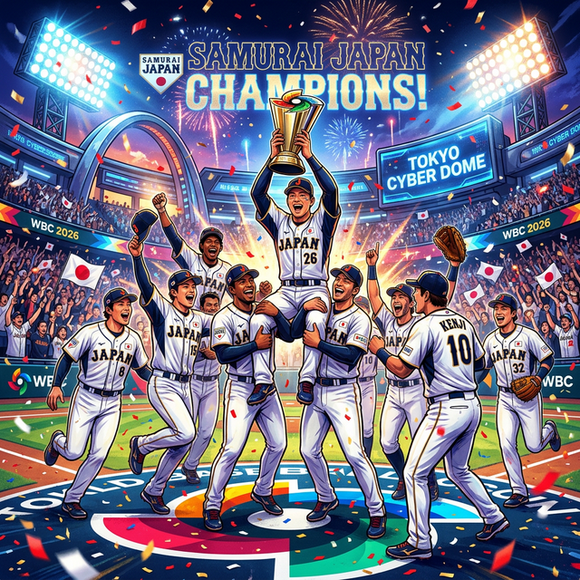 2026年WBCで熱狂する侍ジャパンの選手たちを描写したデジタルイラスト（大谷翔平やダルビッシュ有の活躍に期待を込めて）