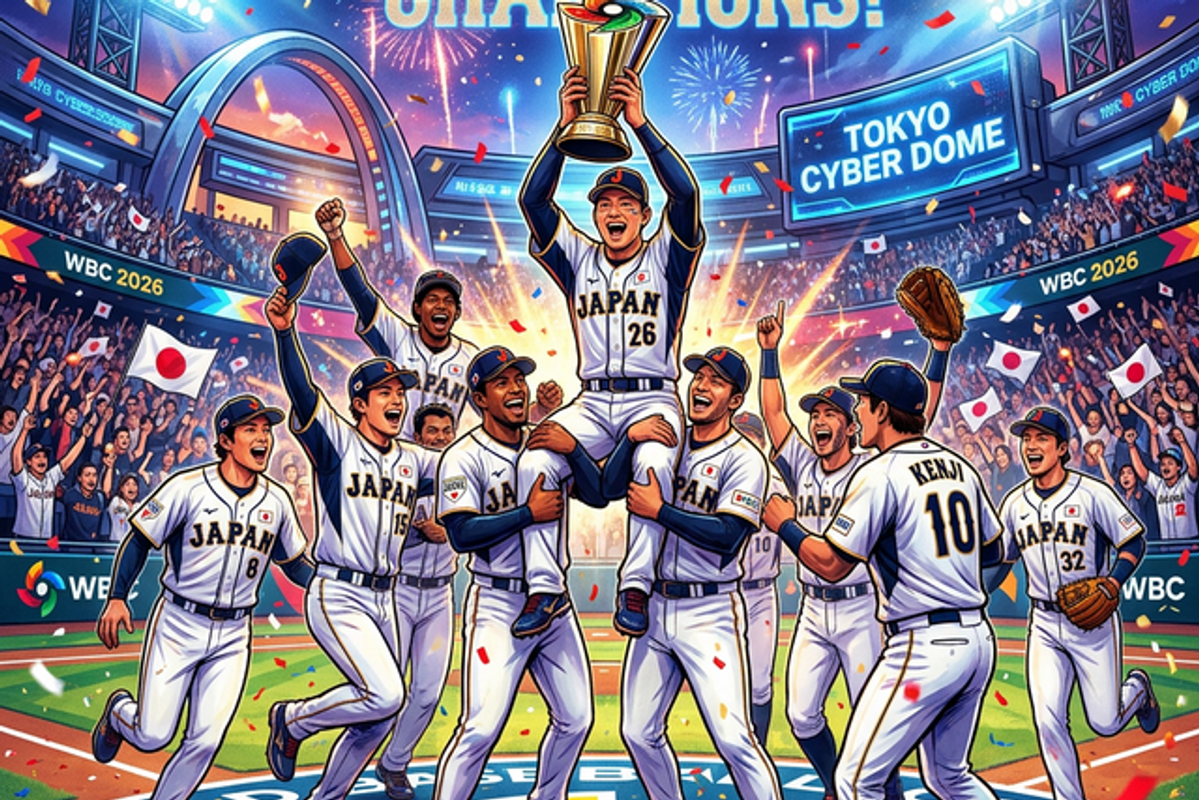 2026年WBCで熱狂する侍ジャパンの選手たちを描写したデジタルイラスト(大谷翔平やダルビッシュ有の活躍に期待を込めて)