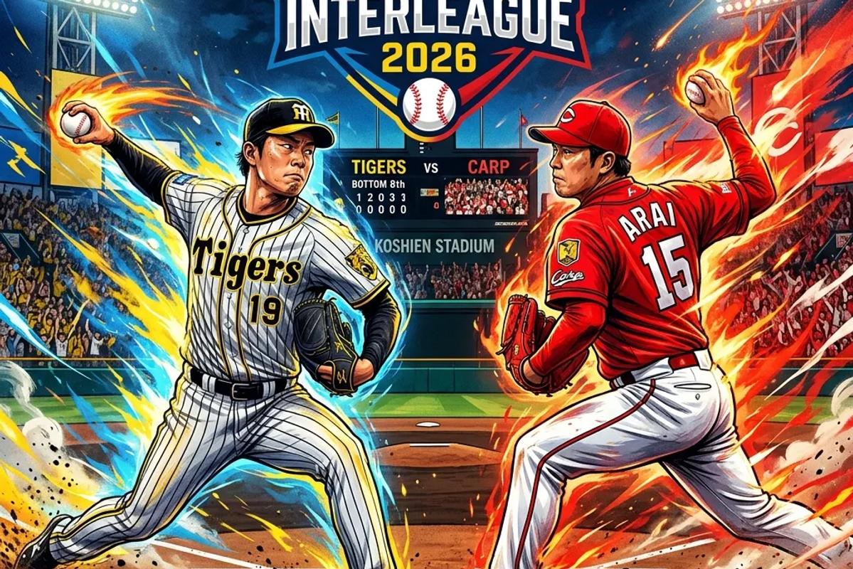 2026年のNPB交流戦を象徴する、阪神タイガースと広島東洋カープのエースが対峙するダイナミックなイラスト。炎と水のオーラを纏い、マウンド上で火花を散らす様子が描かれている。