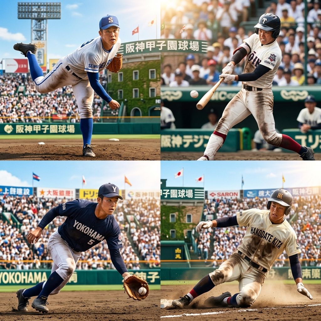 甲子園球場を背景に、躍動する高校球児たちのイメージ