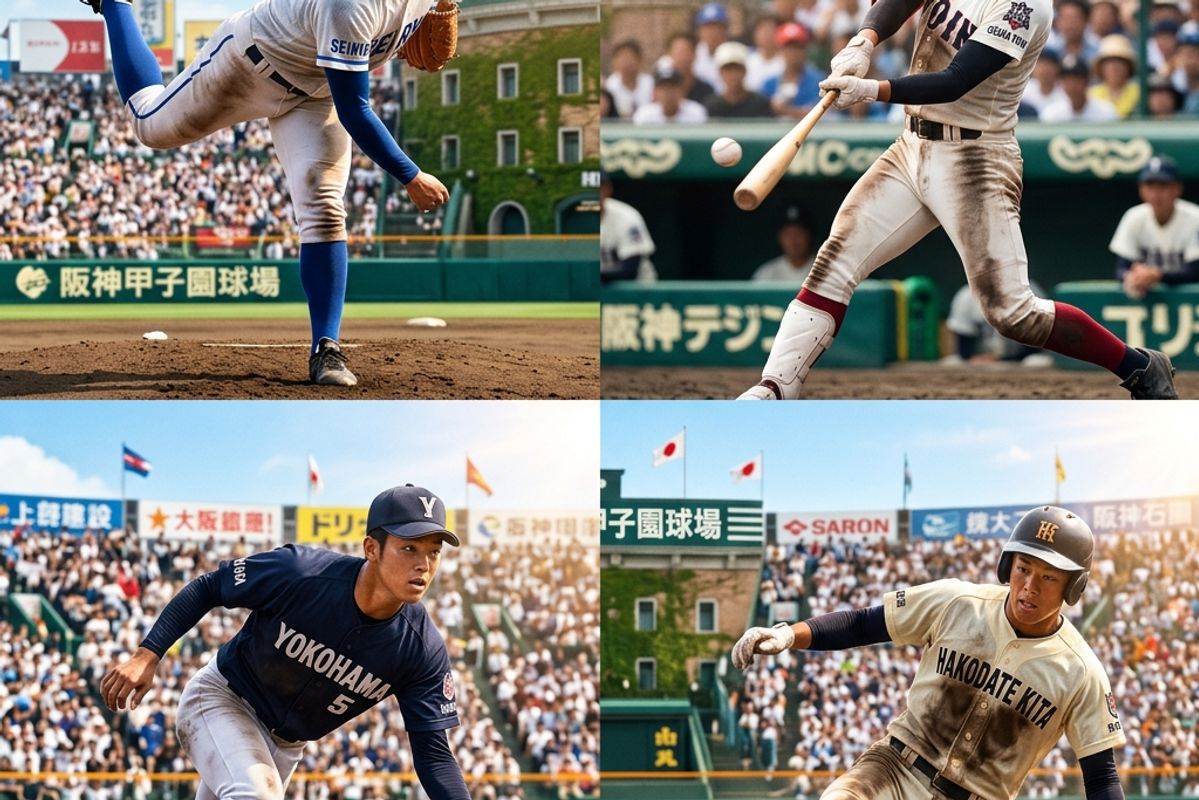甲子園球場を背景に、躍動する高校球児たちのイメージ