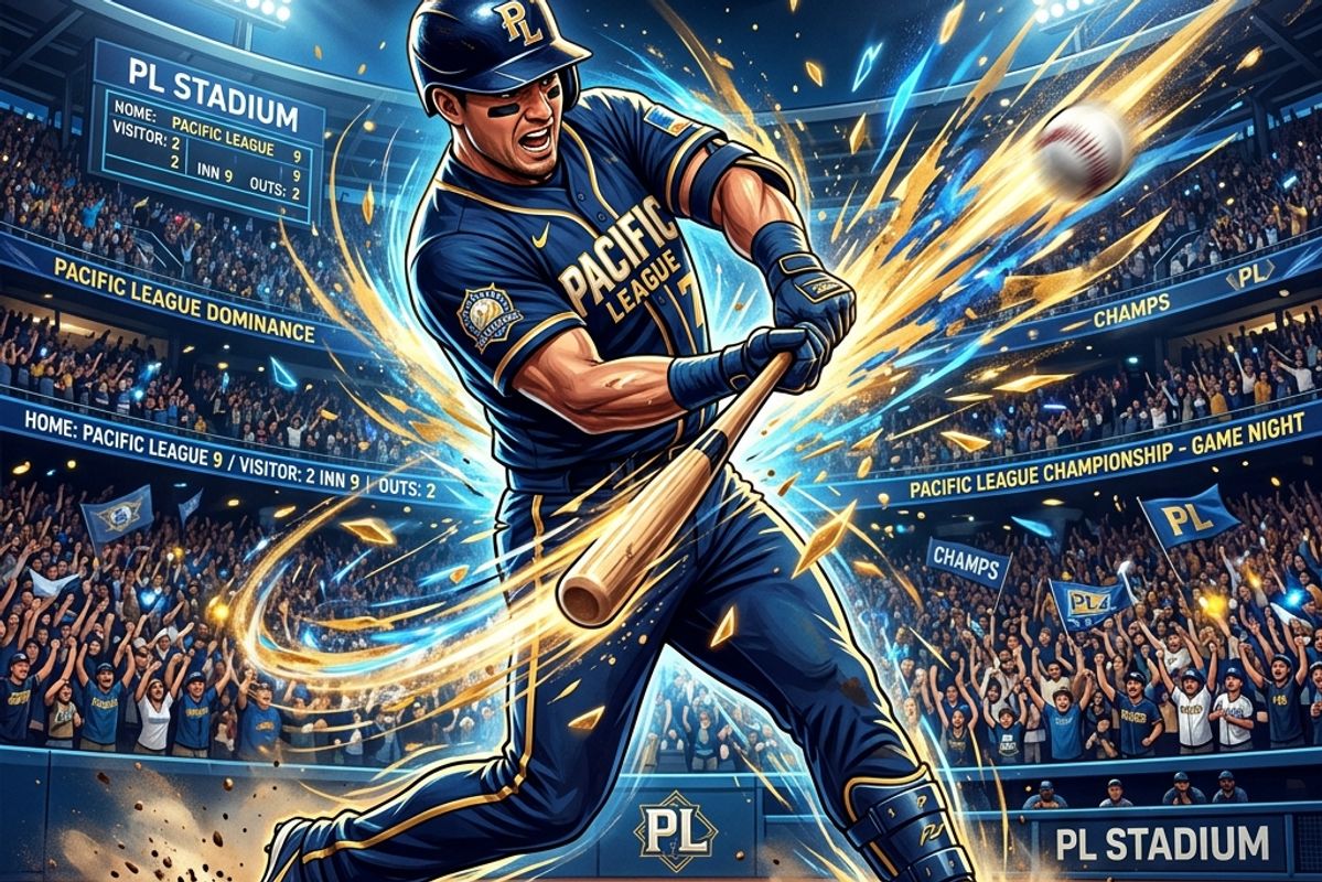 パ・リーグの球場をイメージした大観衆が埋め尽くすスタジアムで、ネイビーブルーとゴールドのユニフォームを着た強打者が豪快にスイングし、バットから放たれる黄金のエネルギー軌道と野球ボールが勢いよく飛び出しているプレミアムなイラスト