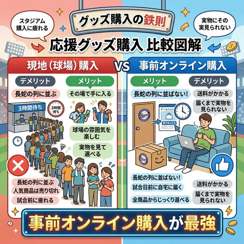 グッズ購入 比較図解（現地購入vsオンライン購入）