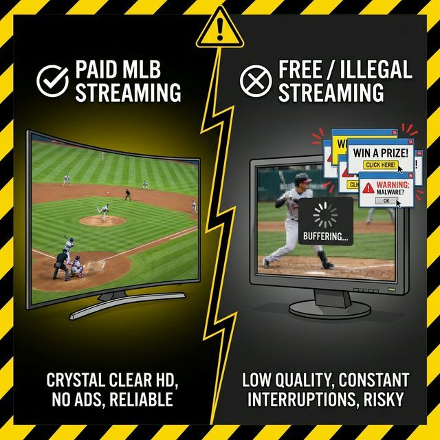 Split-screen comparison showing high-quality official MLB streaming on the left versus poor-quality, pixelated illegal streaming with pop-up ads on the right.