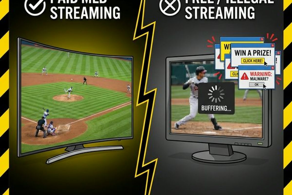Split-screen comparison showing high-quality official MLB streaming on the left versus poor-quality, pixelated illegal streaming with pop-up ads on the right.