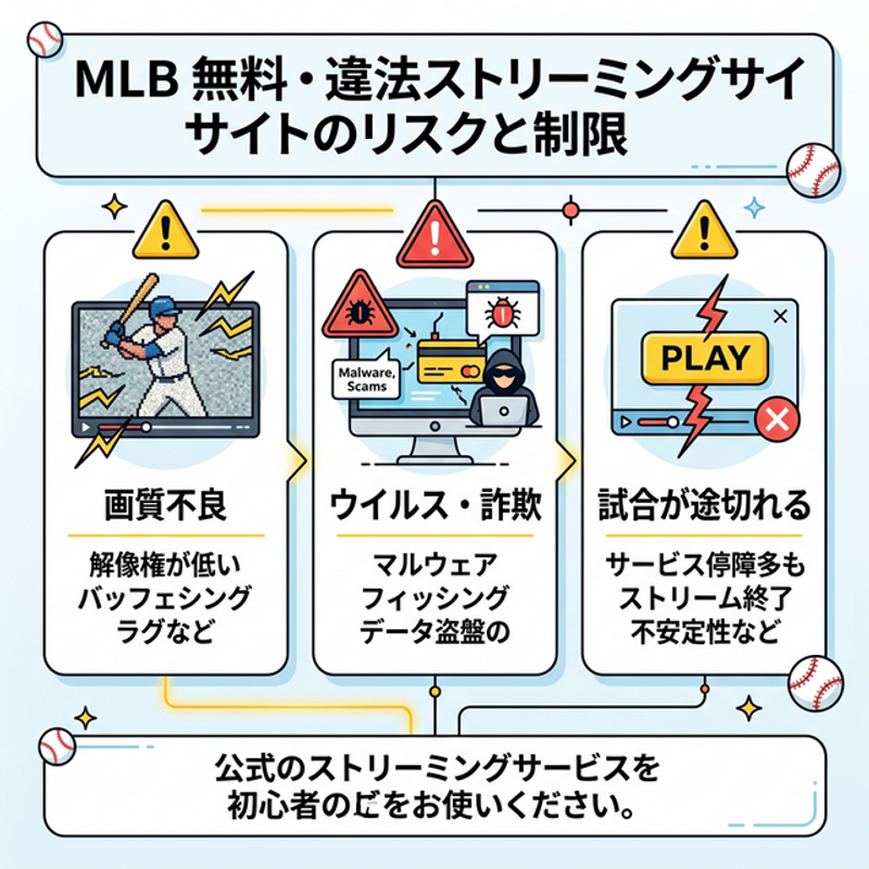 MLB無料・違法ストリーミングサイトのリスクと制限（画質不良、ウイルス・詐欺など）を解説した警告図解
