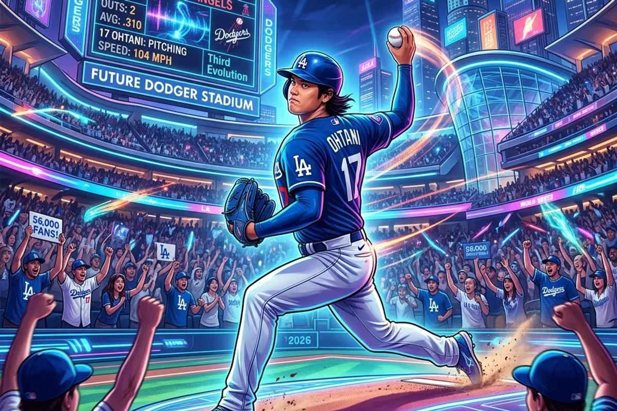 2026年のドジャースタジアムで、進化した投球フォームから豪速球を繰り出す大谷翔平選手。背景には熱狂する観客と近未来的なスタジアムの演出が広がる。