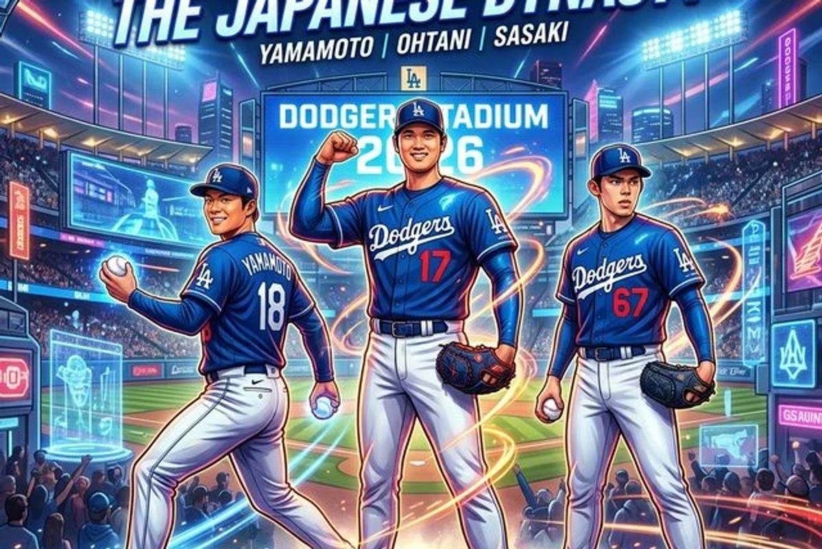 2026年ドジャース、日本人トリオが象徴する国際化が進むMLBの舞台。スカウトたちの視線が集まるイメージ
