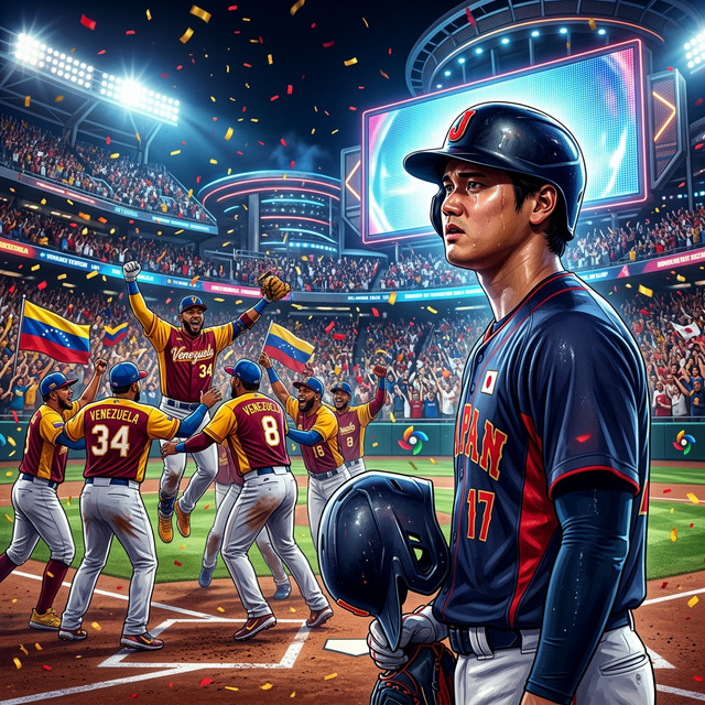 WBC 2026準々決勝、ベネズエラに敗れ悔しさを滲ませる日本代表（大谷翔平イメージ）と歓喜に沸くベネズエラ代表。マイアミの激闘を象徴するデジタルアート。