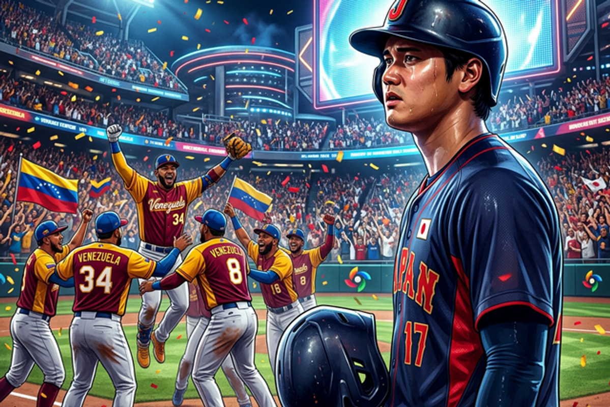WBC 2026準々決勝、ベネズエラに敗れ悔しさを滲ませる日本代表(大谷翔平イメージ)と歓喜に沸くベネズエラ代表。マイアミの激闘を象徴するデジタルアート。