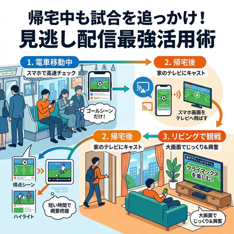 帰宅中も試合を追っかけ！見逃し配信活用術図解