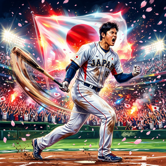 WBC 2026、侍ジャパンのユニフォームを纏い、本塁打後に咆哮する大谷翔平選手。不屈の精神と圧倒的な存在感を象徴するアート。