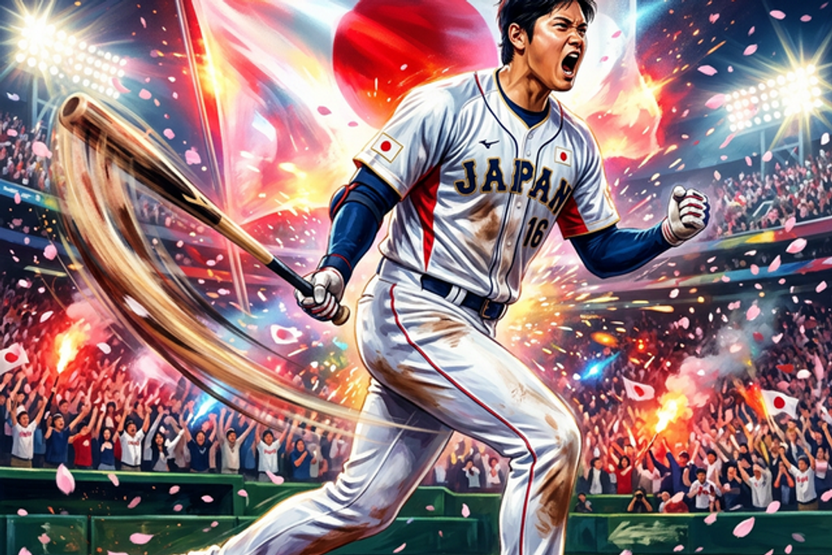 WBC 2026、侍ジャパンのユニフォームを纏い、本塁打後に咆哮する大谷翔平選手。不屈の精神と圧倒的な存在感を象徴するアート。