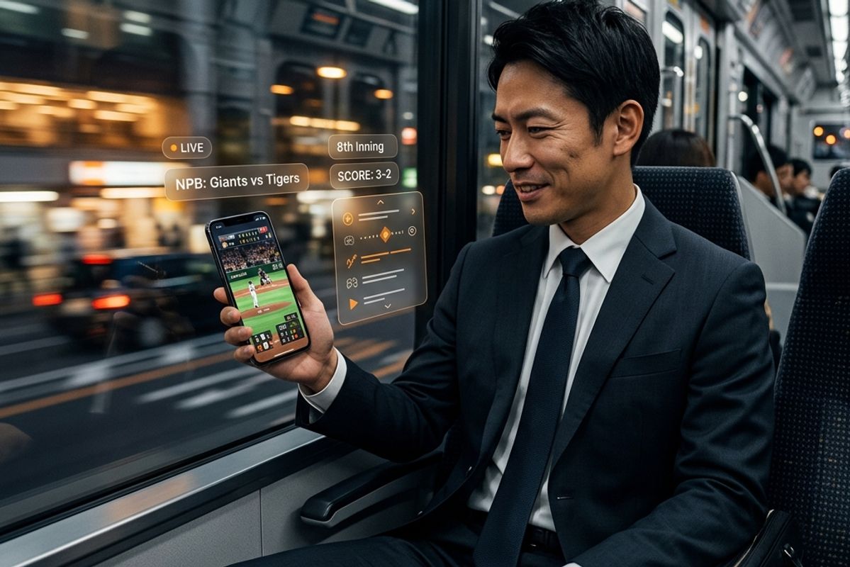 帰宅途中の電車の座席に座り、スマートフォンで野球中継を見つめる30代のスーツを着た日本のビジネスマンのイラスト。背景の窓からは都会の夜景が流れ、周囲にスコアやライブなどの近未来的なグラスモフィズムUI要素が浮かび上がっている