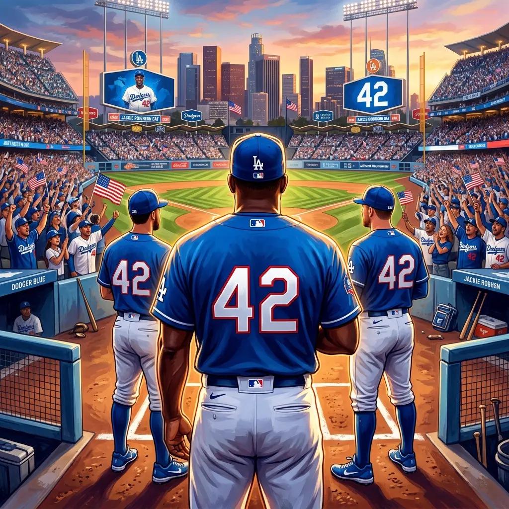スタジアムに並ぶ青い背番号42のユニフォーム