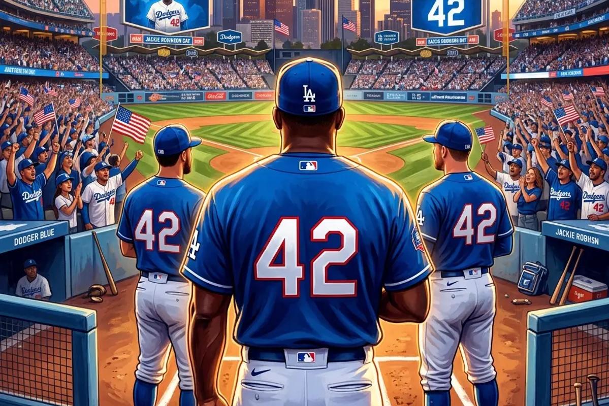 スタジアムに並ぶ青い背番号42のユニフォーム